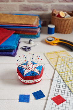 Pin Cushion Stylized Elements Of American Flag, Stacks Of Fabrics, Quilting Accessories
