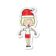 retro distressed sticker of a cartoon woman wearing christmas hat shrugging shoulders