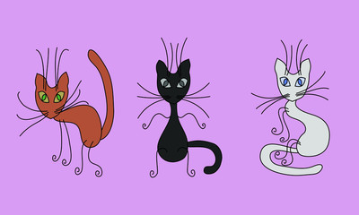 three cool cats white black red on a pink background
