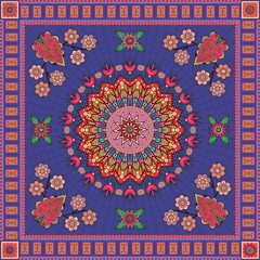 Ornamental bandana print with plant motifs. Fashion floral design.