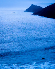 Surfing alone in the immensity of the ocean in France