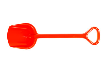 Red plastic baby toy shovel isolated on white background