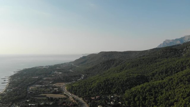 Aerial view of Mountains and Coast National Park in Turkey, Beldibi village