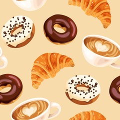 Vector seamless pattern with coffee and donuts