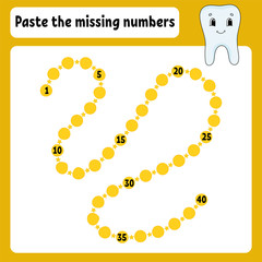 Paste the missing numbers. Handwriting practice. Learning numbers for kids. Education developing worksheet. Activity page. Game for children. Isolated vector illustration in cute cartoon style.