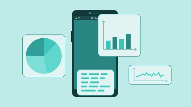 financial charts with a smartphone, concept of finance and technology, stock market mobile app, cartoon flat style, luma matte for easy change background