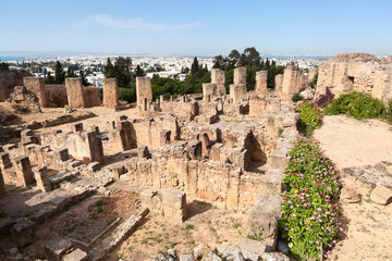 General view of Antonine Baths in Carthage from hill. Archaeological site. Tunisia, Africa
