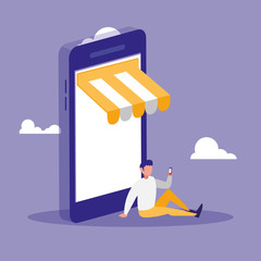 young man using smartphone with parasol