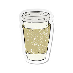 retro distressed sticker of a cartoon coffee cup