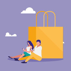 couple using smartphone with shopping bags