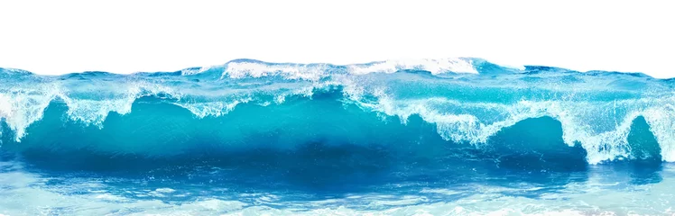 Foto op Plexiglas Blue sea wave with white foam isolated on white background. © delbars