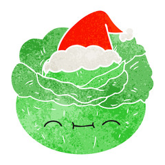 retro cartoon of a cabbage wearing santa hat