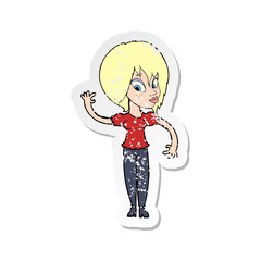 retro distressed sticker of a cartoon woman waving