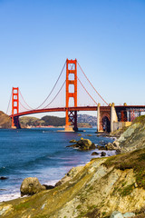 View towards Golden Gate bridge from the coastal trail, Presidio park, San Francisco, California