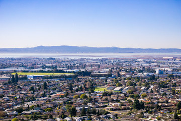 View towards the towns of east bay; San Mateo bridge on the background, San Francisco bay area,...