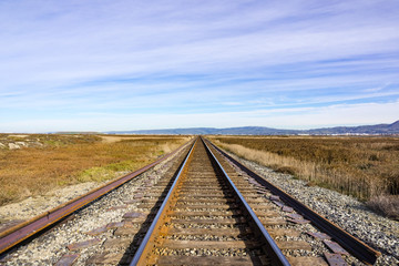 Fototapeta na wymiar Railroad tracks across marshland, Alviso, San Jose, south San Francisco bay area, California