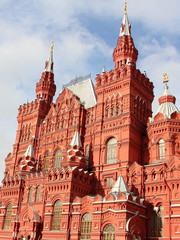 Fototapeta premium Moscow / Russia – Historical Museum close up in perspective on blue cloudy sky background