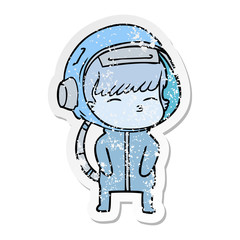 distressed sticker of a cartoon curious astronaut