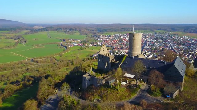 Sunny Aerial View Medieval Ruins Gleiberg Wettenberg Germany Camera Circling Around Fort Hill