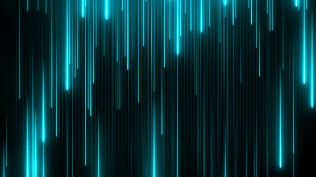 Abstract high tech wall background with neon rays falling down. Shiny beams in a cyberspace. Commercial pattern with futuristic data. Dynamic laser technology texture. Seamless loop.