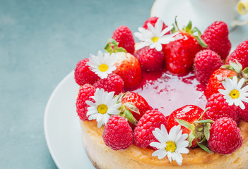 Strawberry cheesecake and cup of cafe.