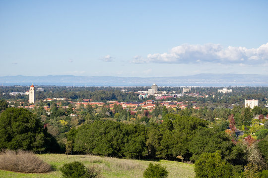 View towards Stanford Campus and Hoover tower from the Stanford dish hills, Palo Alto, San Francisco bay area, California