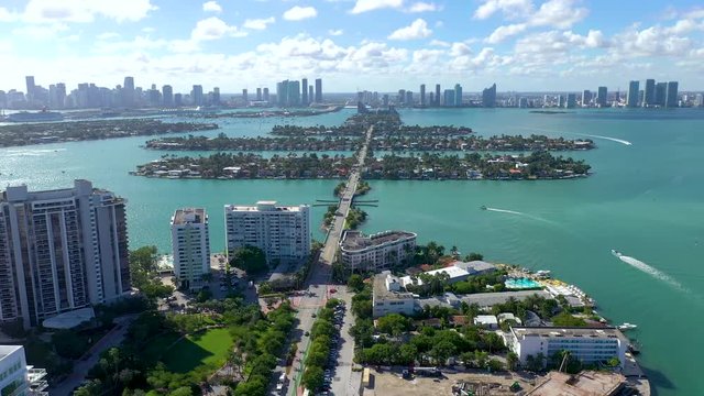 MIAMI, FLORIDA, USA - JANUARY 2019: Aerial drone panorama view flight over Miami. Venetian Islands from above.