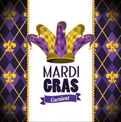 card with joker hat and emblem to mardi gras event © Stockgiu