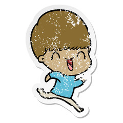 distressed sticker of a happy cartoon boy