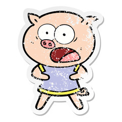 distressed sticker of a cartoon pig shouting