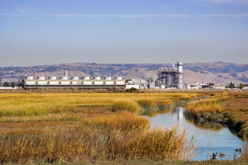 The marshes of East San Francisco bay; on the background the city power plant, Hayward, east San...
