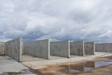 Reinforced concrete construction at the construction site. Concrete structure. 