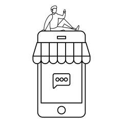 young man using smartphone with parasol