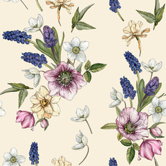 Floral seamless pattern with watercolor narcissus, muscari and hellebore on the beige