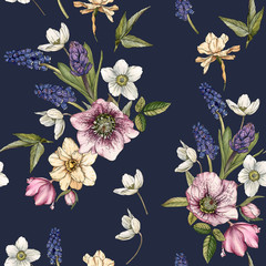 Floral seamless pattern with watercolor narcissus, muscari and hellebore on the navy - 252086342