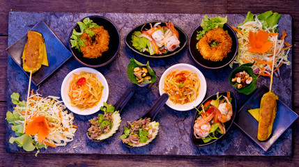Mixed Traditional Thaifoods on a Stoneplate, Fining Dining, Thailand