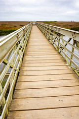 Obraz premium Wood and metal bridge crossing the Rodeo Lagoon towards Rodeo Beach, Headlands, Golden Gate Recreation Area, Marin County, California