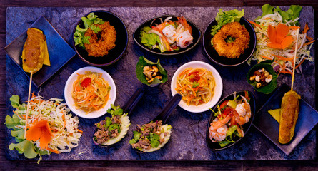 Mixed Traditional Thaifoods on a Stoneplate, Fining Dining, Thailand