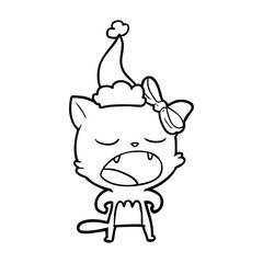 line drawing of a cat meowing wearing santa hat