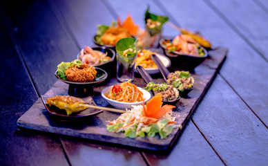 Mixed Traditional Thaifoods on a Stoneplate, Fining Dining, Thailand