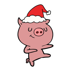 happy line drawing of a pig dancing wearing santa hat