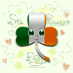 Lettering St.Patrick 's Day. Celebration. Holiday. Clover trefoil in the colors of the flag of Ireland. Crayons.