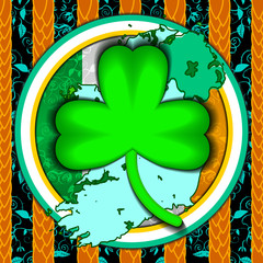 Psychedelic St.Patrick 's Day. Holiday. Celebration. Magic forest green clover. Clover trefoil. Ireland flag and island map.
