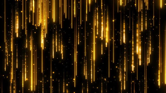 Golder rain. Glitter particles. Winner screen texture. Promotion abstract backgroud. Victory celebration. Neon beams falling down. Seamless loop.