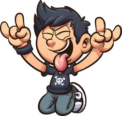 Cartoon kid rocking out on his knees with tongue out
