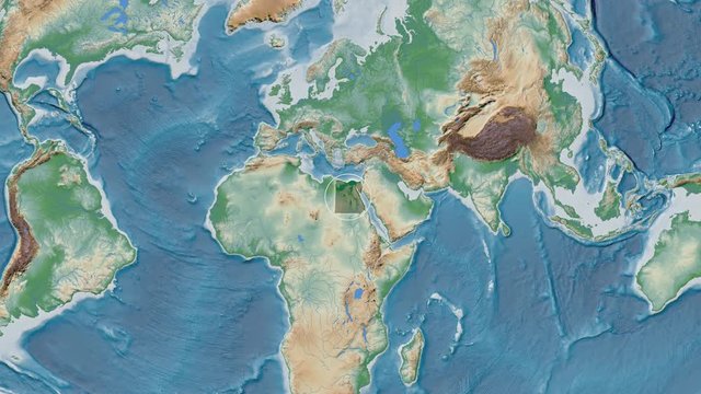 Egypt area presented against the global physical map in the Fahey projection with animated oblique transformation