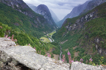 View on Naeroydalen valley from the Stalheim route in Voss. Norway