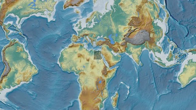 Egypt area presented against the global relief map in the Fahey projection with animated oblique transformation