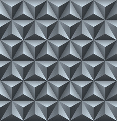 Abstract seamless geometric background with 3D elements. Grey repeating pattern with gradient triangles. Monochrome texture in metal style.