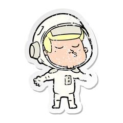distressed sticker of a cartoon confident astronaut